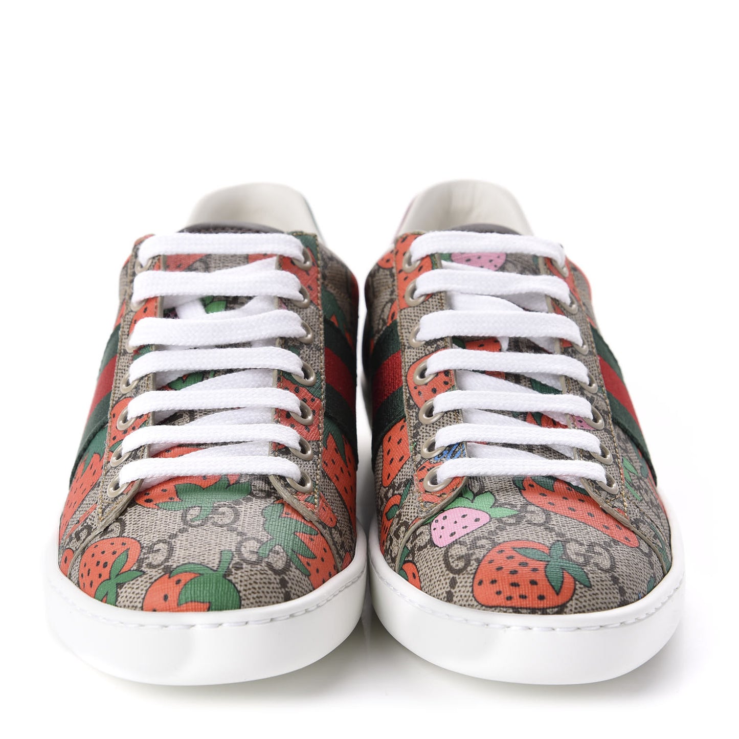 GG Supreme Monogram Strawberry Web Womens Ace Sneakers 35 Beige Multicolor Red Green
