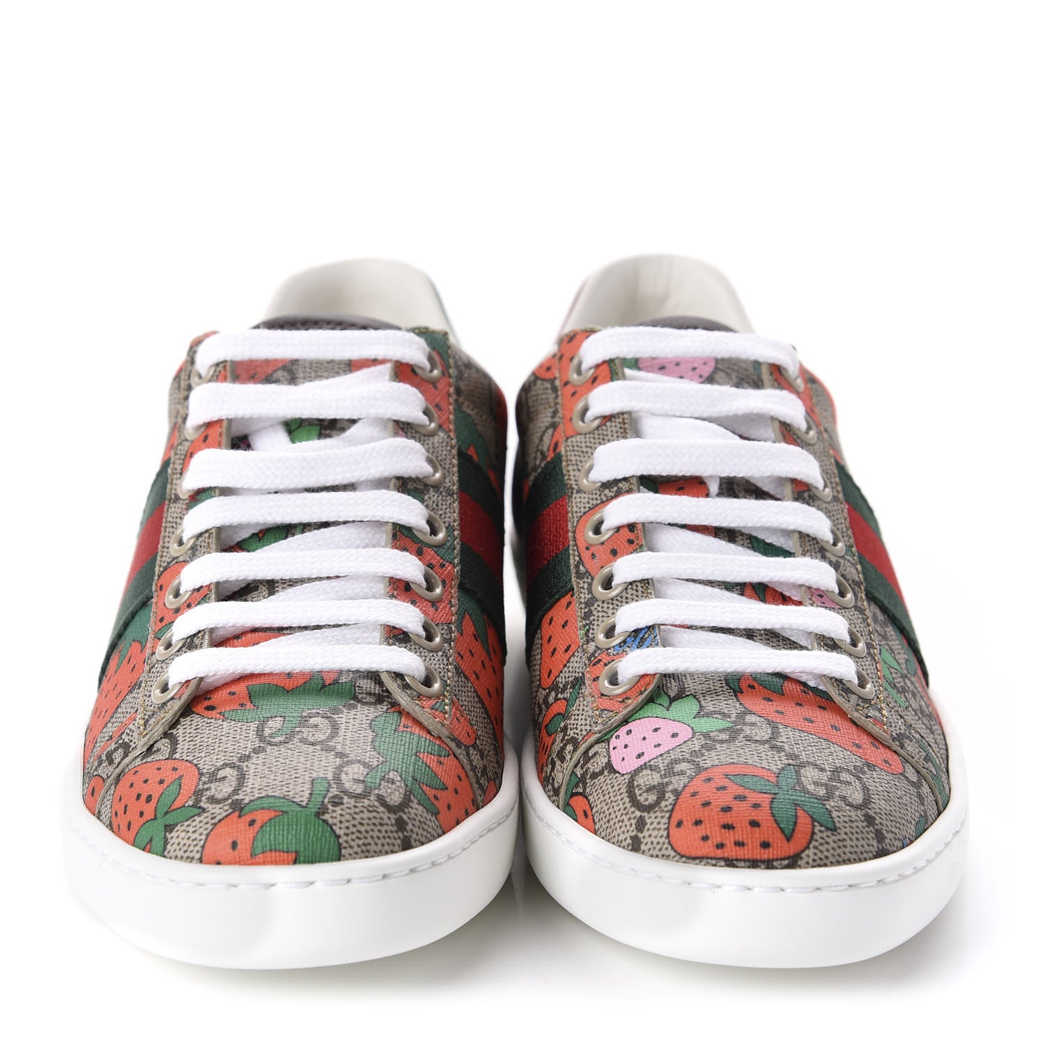 Gucci GG Supreme Monogram Strawberry Web Womens Ace Sneakers 35 Beige Multicolor Red Green 2 of 10