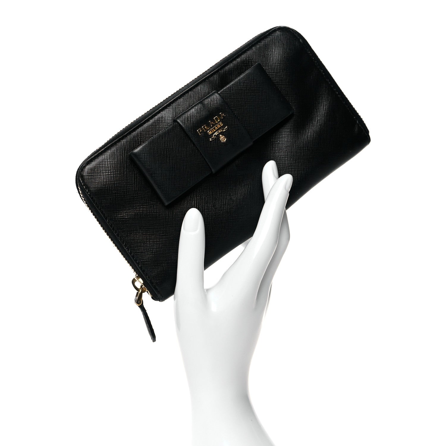 Prada Saffiano Fiocco Bow Zip Around Wallet Black 2 of 15