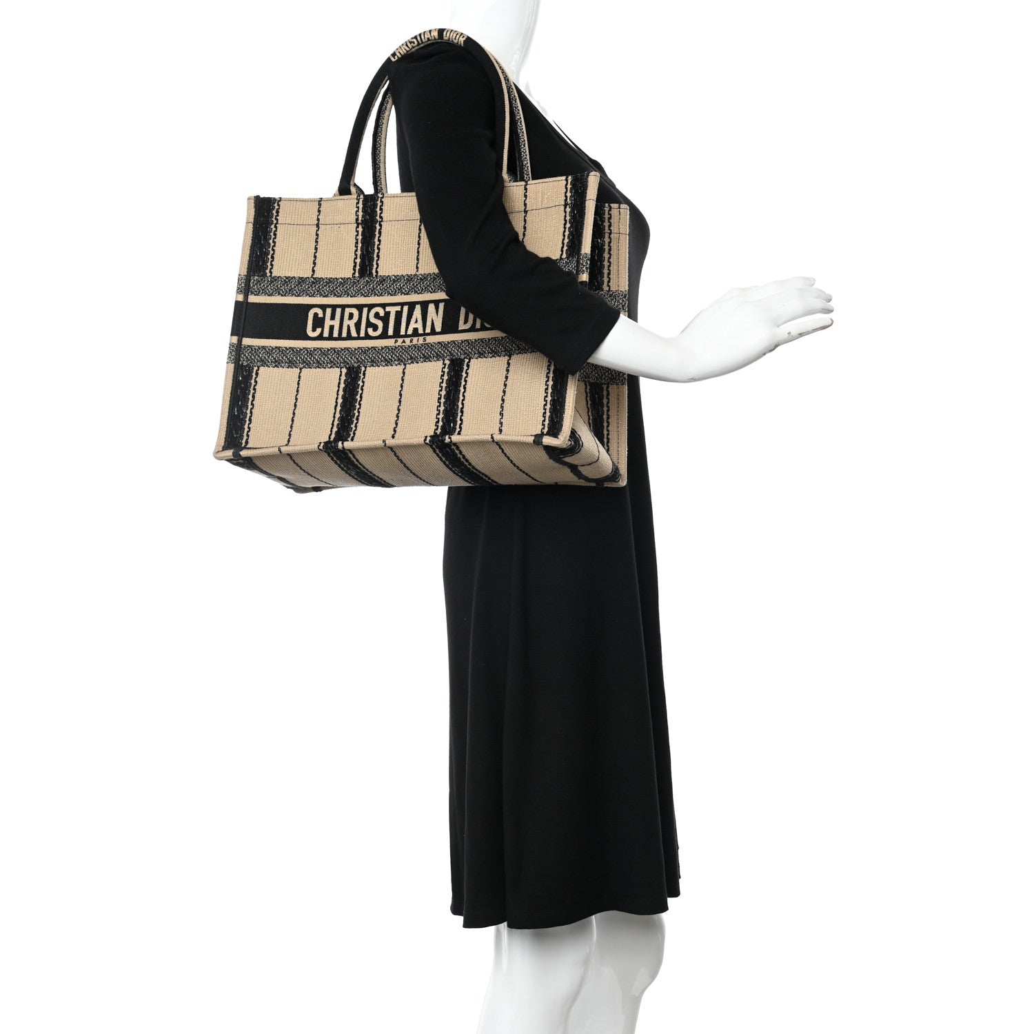 Christian Dior Canvas Embroidered Medium Bayadere Book Tote Black Beige 2 of 15