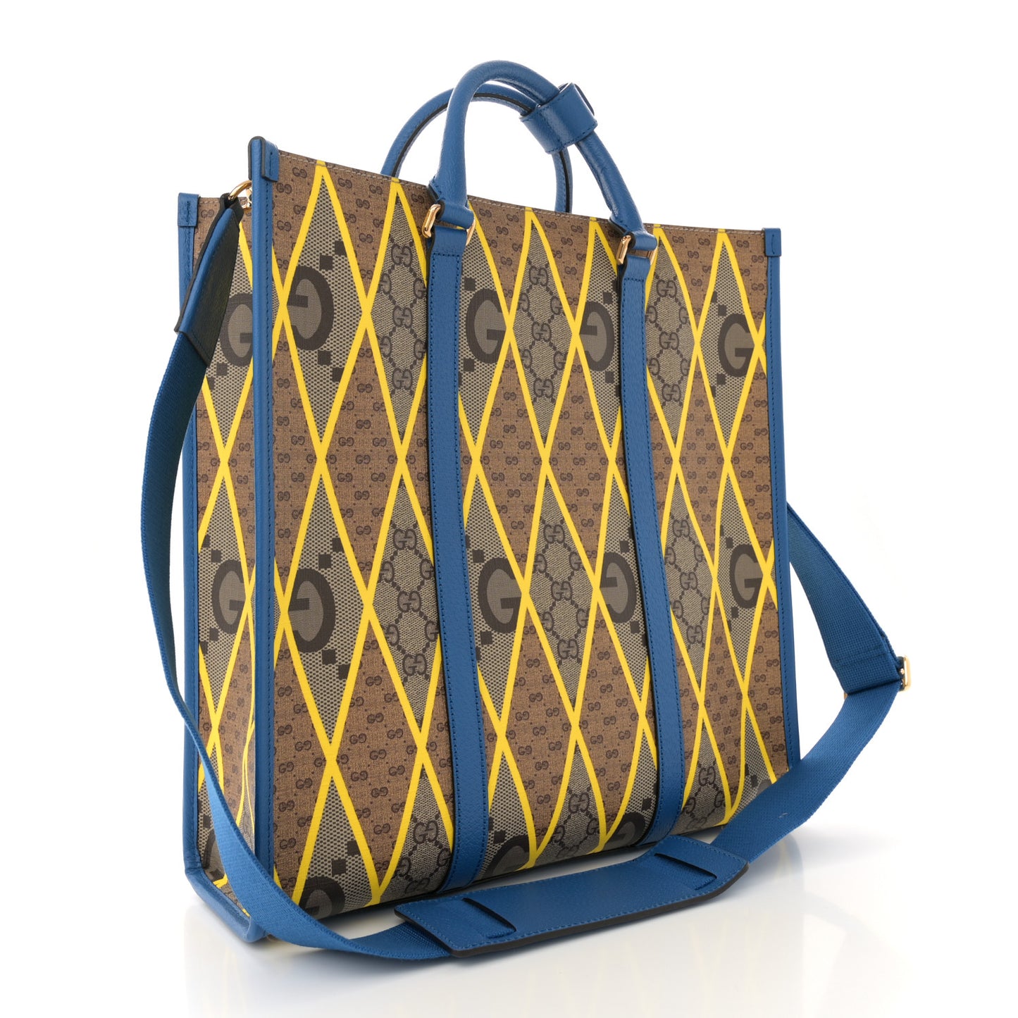 GG Supreme Monogram Mix Textured Dollar Calfskin Rhombus Inlay Large Tote Bag Beige Ebony Harvest Joy Blue