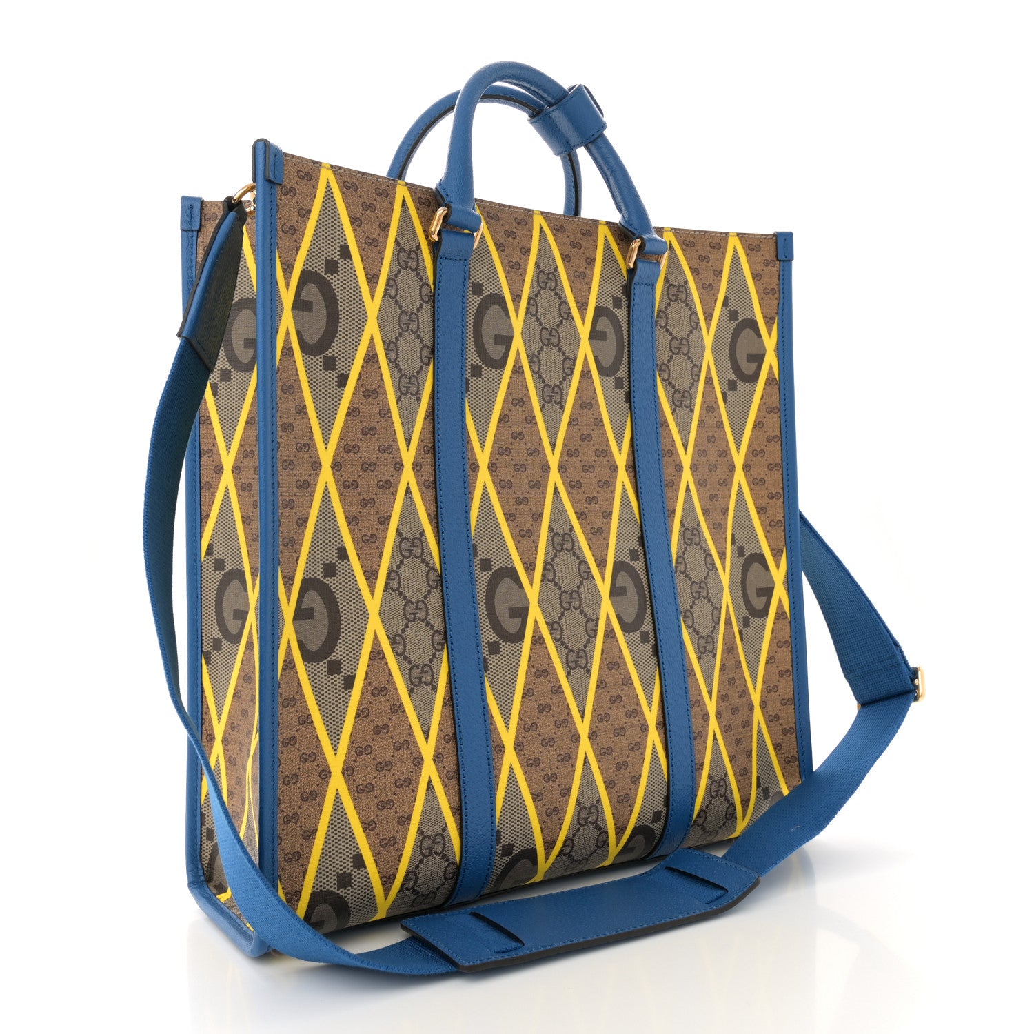 Gucci GG Supreme Monogram Mix Textured Dollar Calfskin Rhombus Inlay Large Tote Bag Beige Ebony Harvest Joy Blue 3 of 10