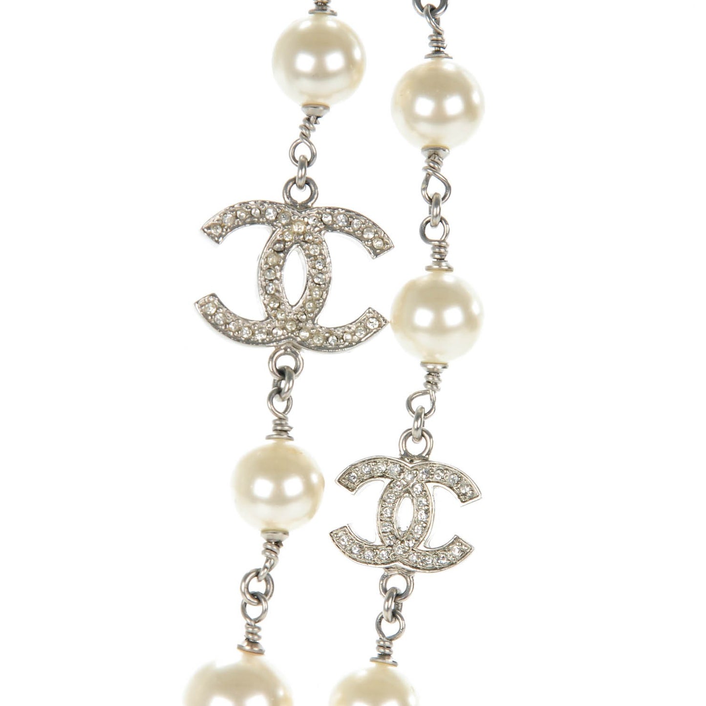 Crystal Pearl CC Long Necklace Silver