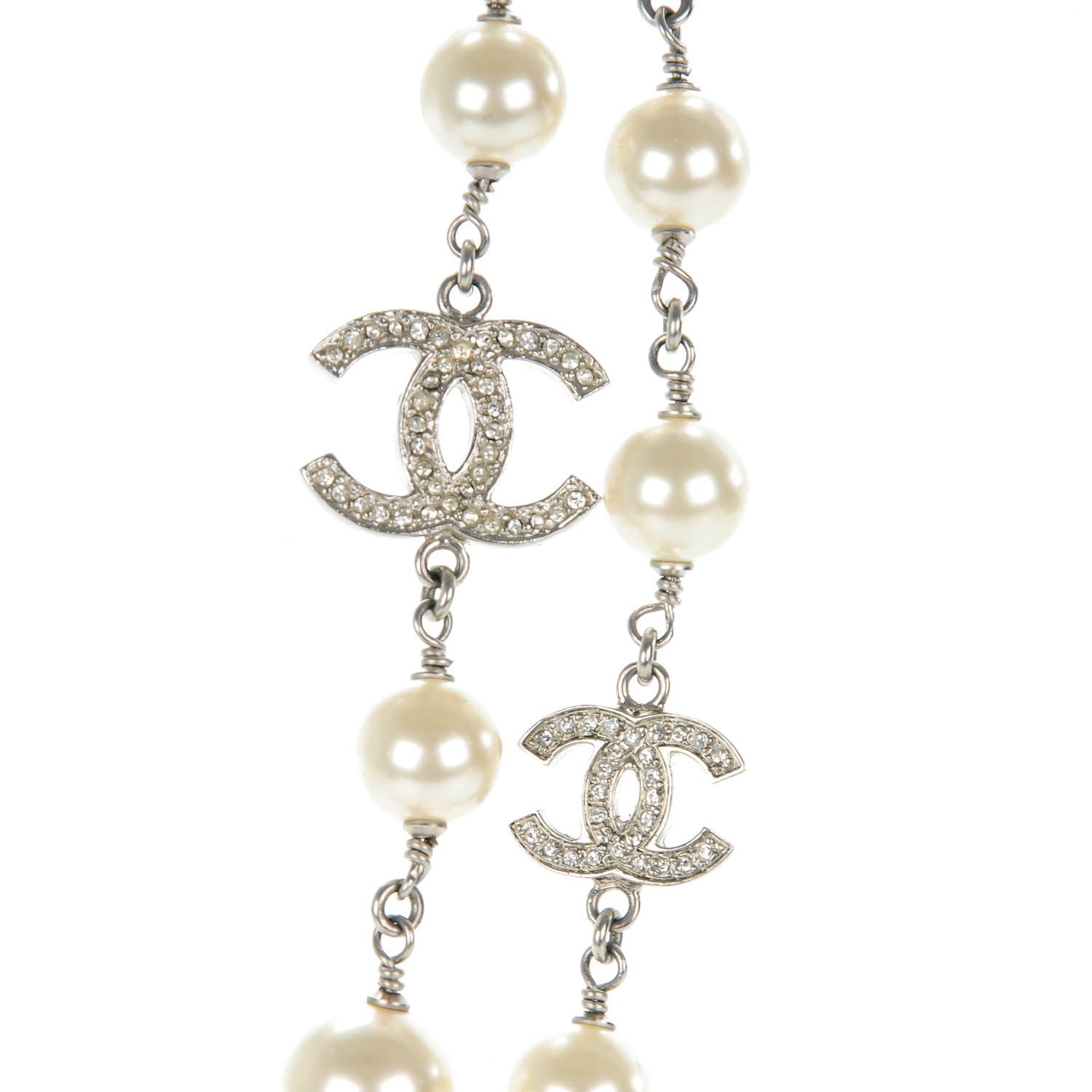 Chanel Crystal Pearl CC Long Necklace Silver 3 of 5