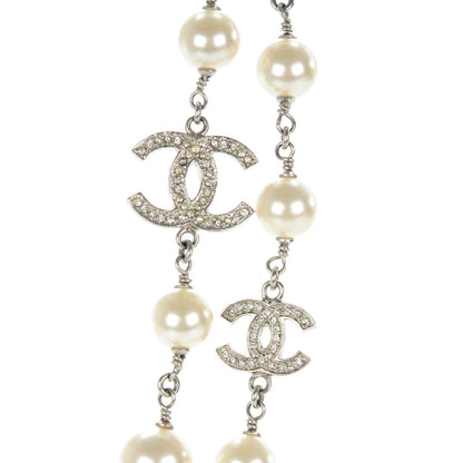 Chanel Crystal Pearl CC Long Necklace Silver 3 of 5