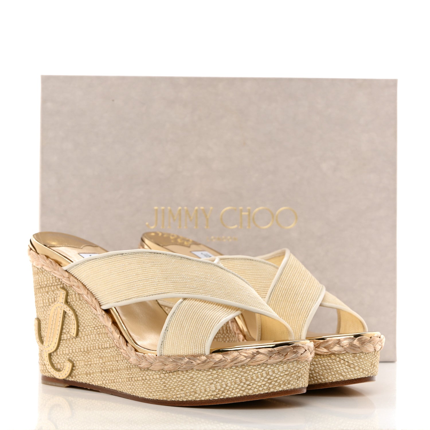 Jimmy Choo Metallic Mesh Raffia Dovina 100 Wedge Sandals 38.5 Latte Gold 8 of 8