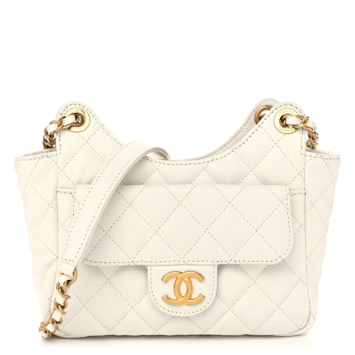 Caviar Quilted Small Wavy CC Hobo White