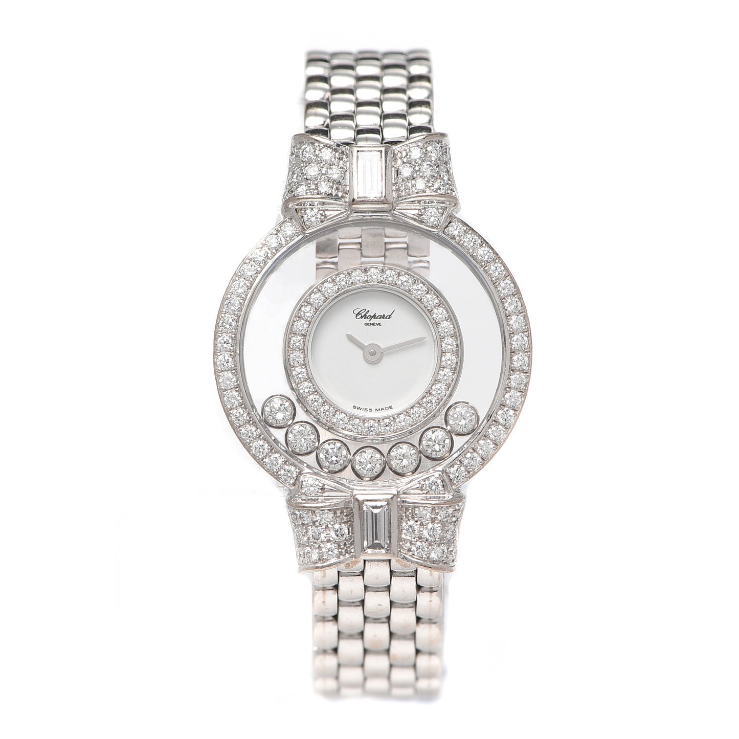 18K White Gold Diamond Pave Bezel 24mm Happy Diamonds Icons Bow Tie Quartz Watch