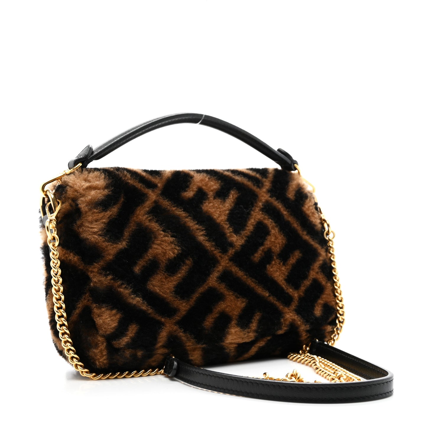 Shearling Vitello Dolce Macro FF 1974 Mini Baguette Tobacco Black