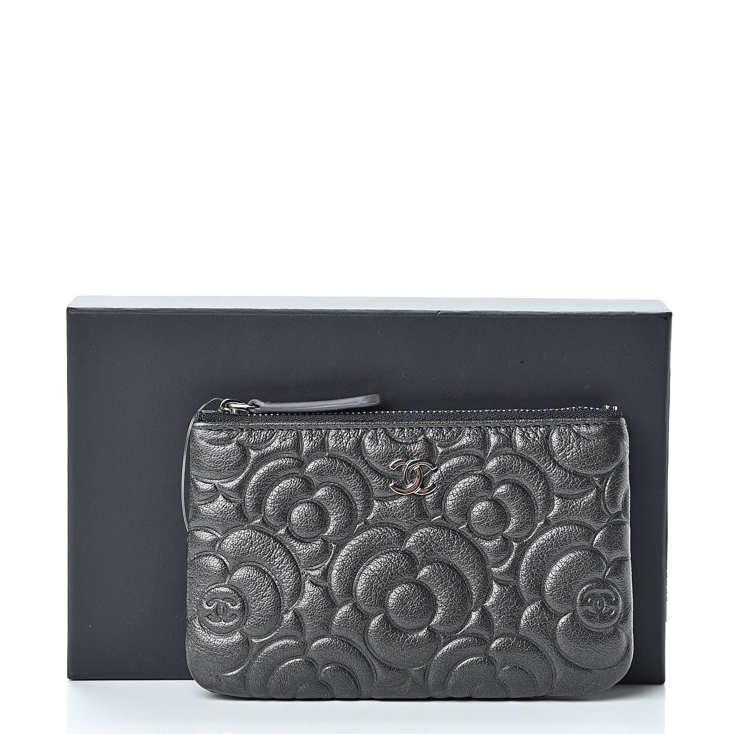 Goatskin Camellia Embossed Cosmetic Pouch Anthracite
