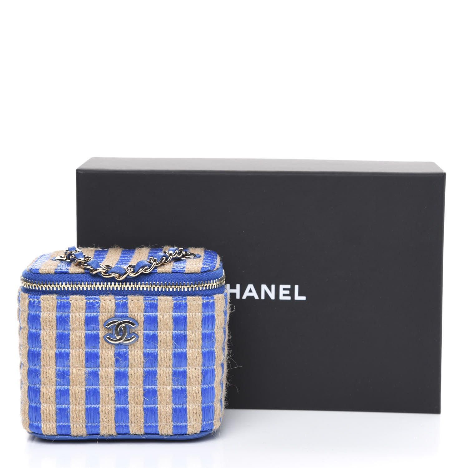 Chanel Raffia Jute Striped Mini Vanity Case With Chain Blue Beige 10 of 10