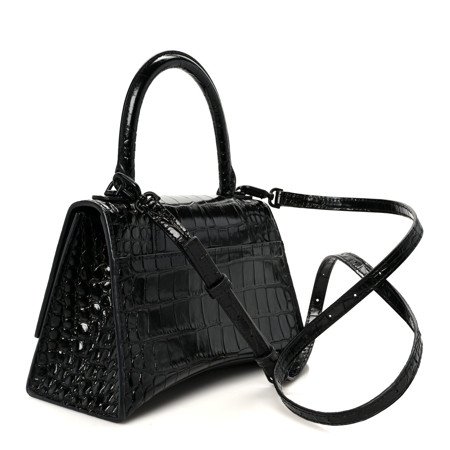 Balenciaga Shiny Calfskin Monochrome Crocodile Embossed Small Hourglass Top Handle Bag Black 3 of 10