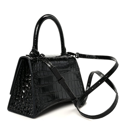 Balenciaga Shiny Calfskin Monochrome Crocodile Embossed Small Hourglass Top Handle Bag Black 3 of 10