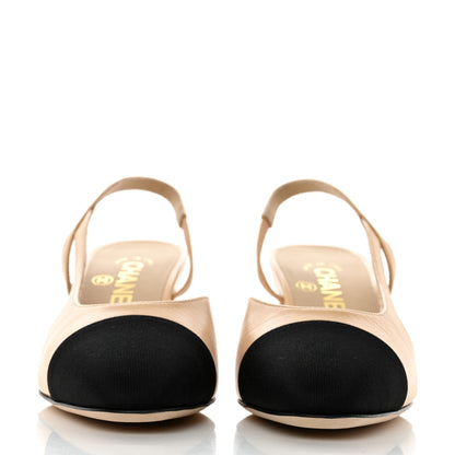 Chanel Goatskin Grosgrain Cap Toe CC Slingback Pumps 36.5 Beige Black 2 of 9