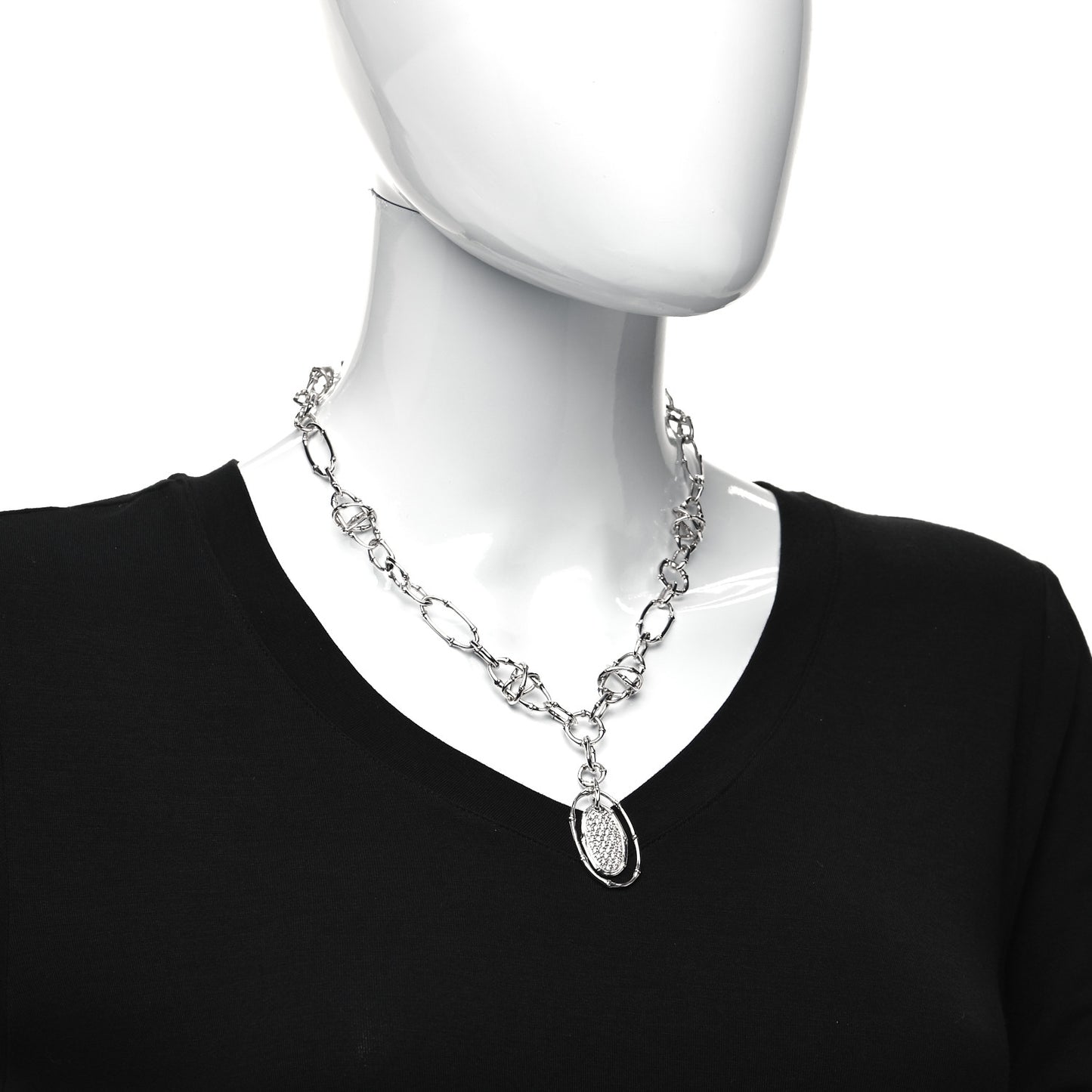 Sterling Silver Diamond Bamboo Oval Pendant Necklace