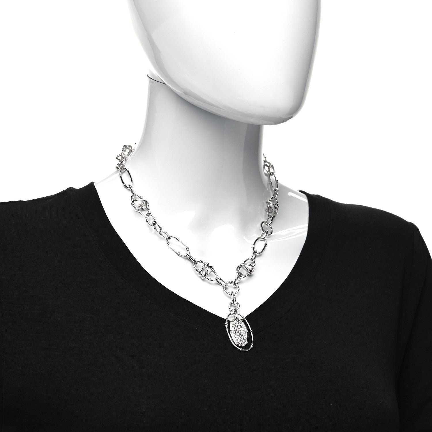 John Hardy Sterling Silver Diamond Bamboo Oval Pendant Necklace 2 of 6