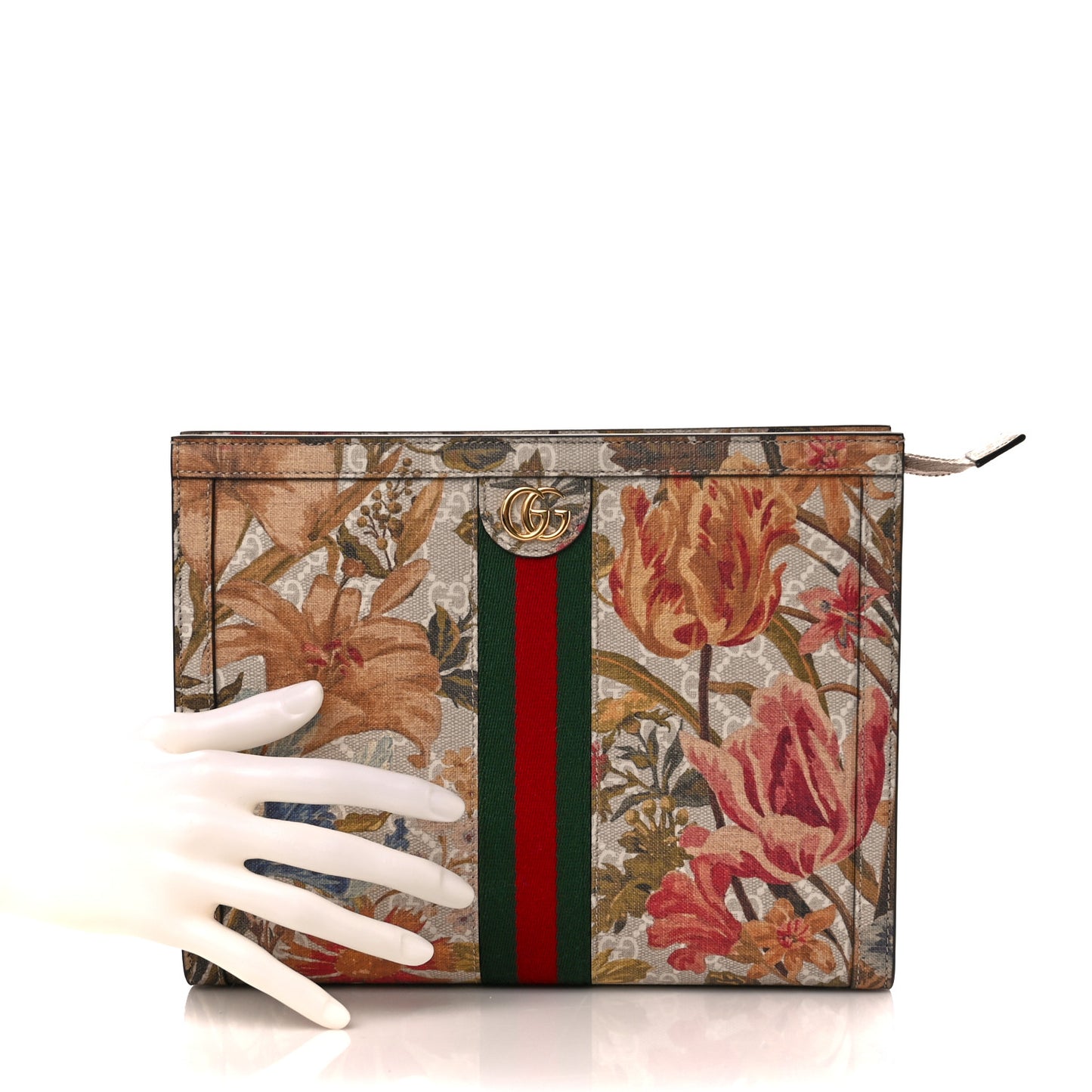 GG Supreme Monogram Water Flora Web Ophidia Pouch Beige White Multicolor