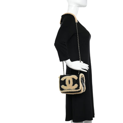 Chanel Shiny Crumpled Sheepskin Shearling CC Mania Flap Bag Black Beige 2 of 14