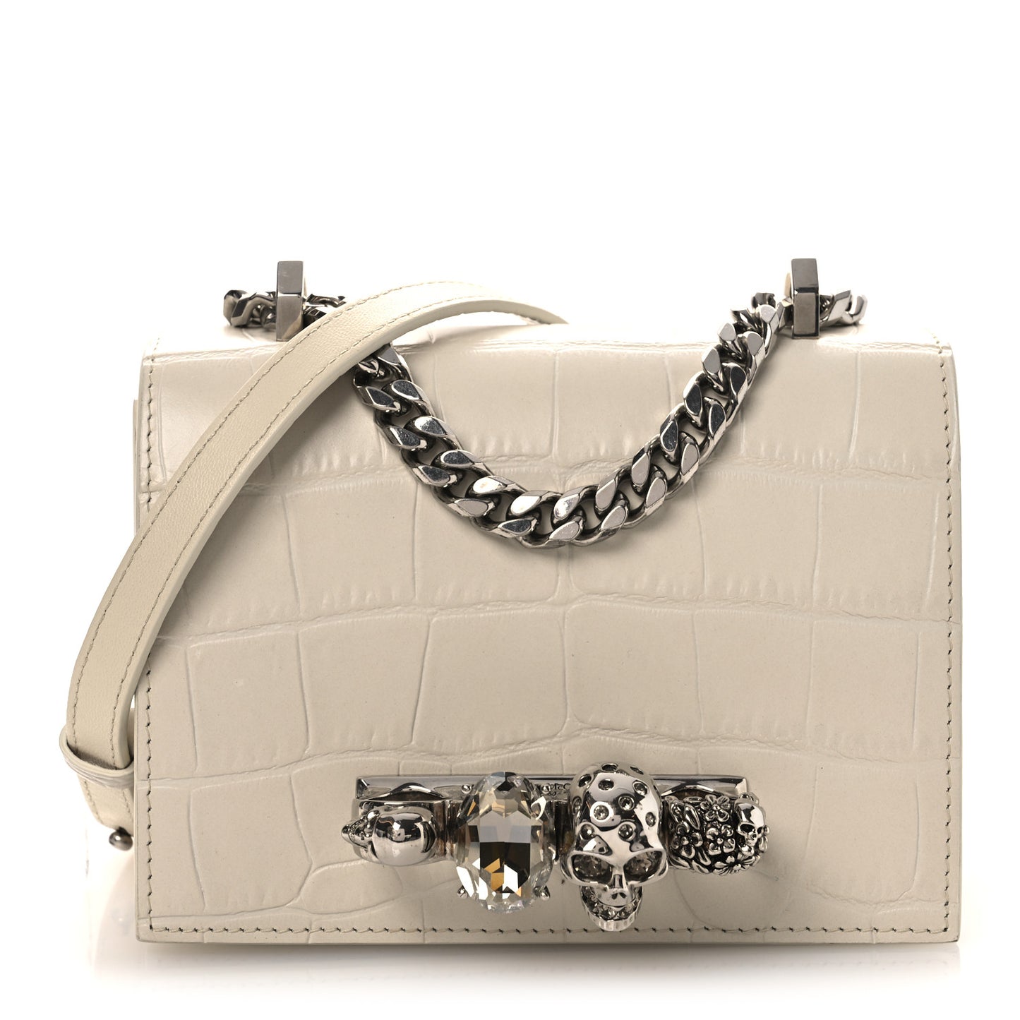 Calfskin Crocodile Embossed Jeweled Shoulder Bag White