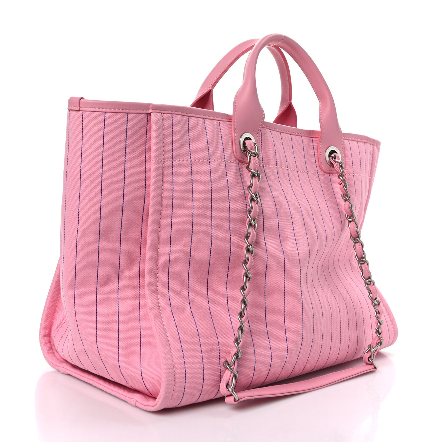Canvas Calfskin Striped Medium Deauville Tote Pink
