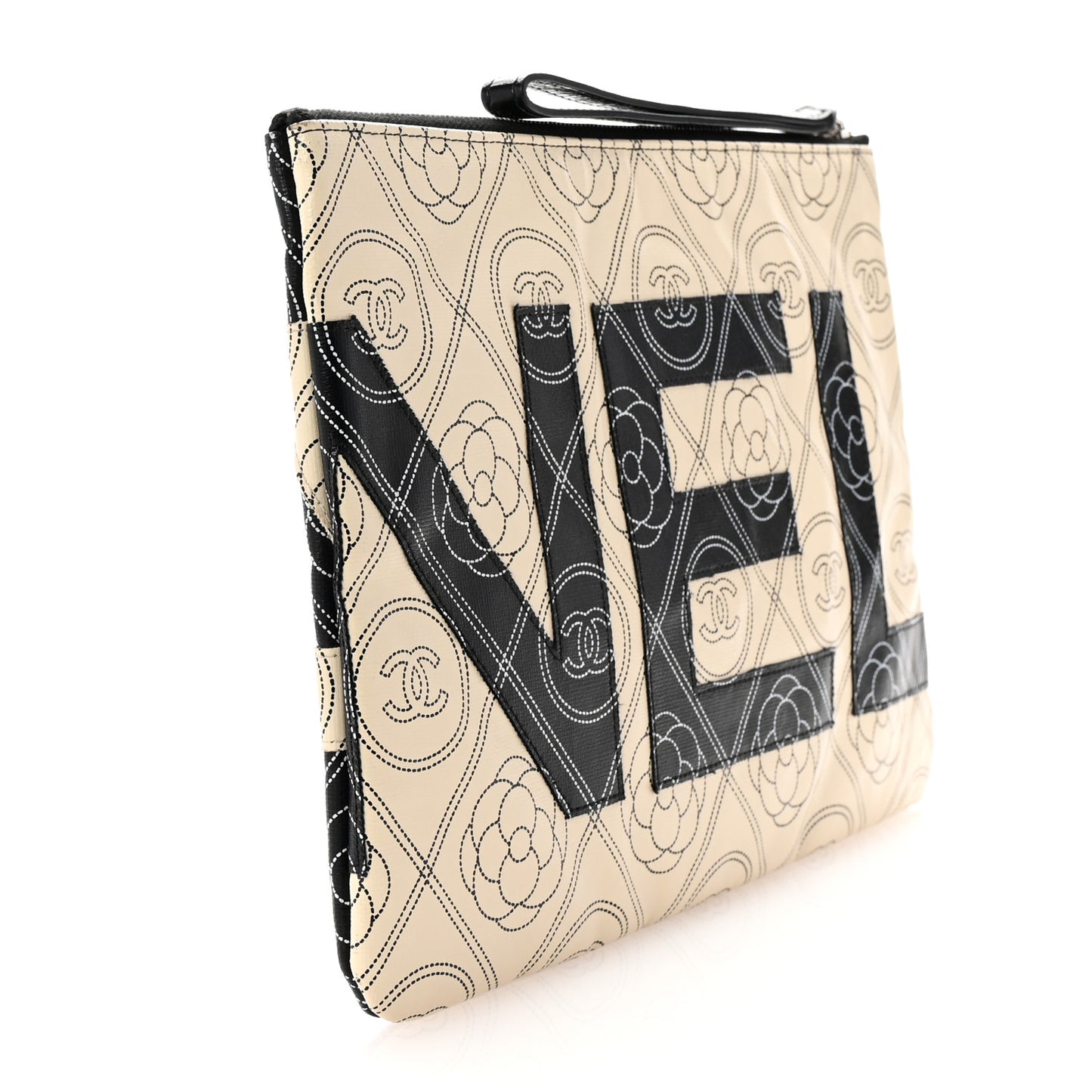 Coated Canvas Calfskin Camellia Printed Pouch Black Beige