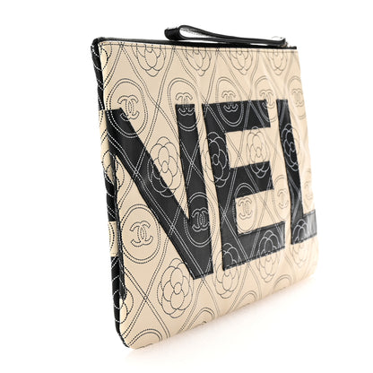 Chanel Coated Canvas Calfskin Camellia Printed Pouch Black Beige 3 of 8