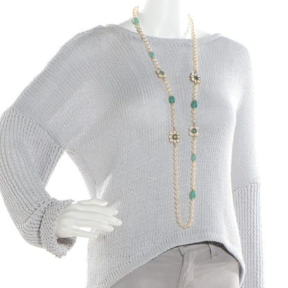 Chanel Pearl Gripoix Poured Glass Long Necklace Gold Green White 2 of 5
