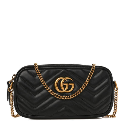 Gucci Calfskin Matelasse Mini GG Marmont Chain Crossbody Bag Black 1 of 9