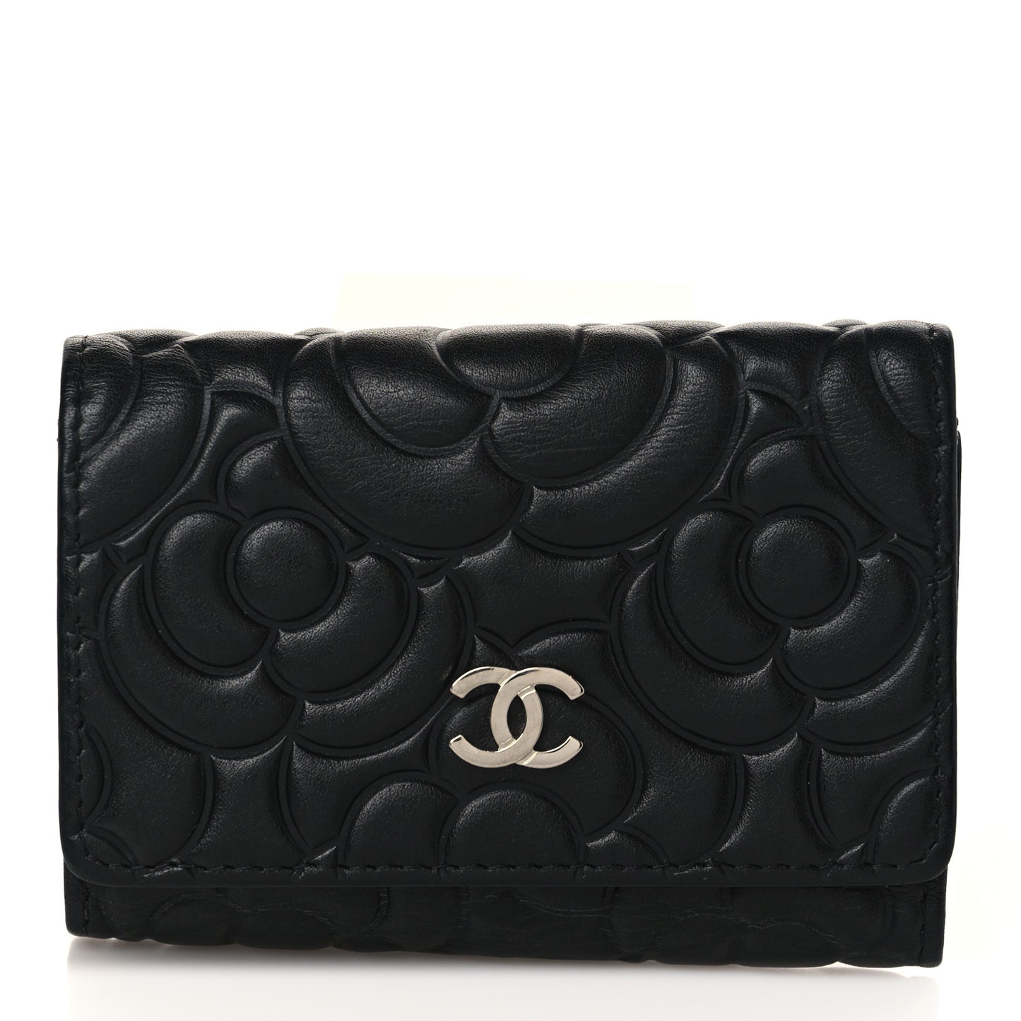 Lambskin Camellia Embossed 4 Key Holder Black