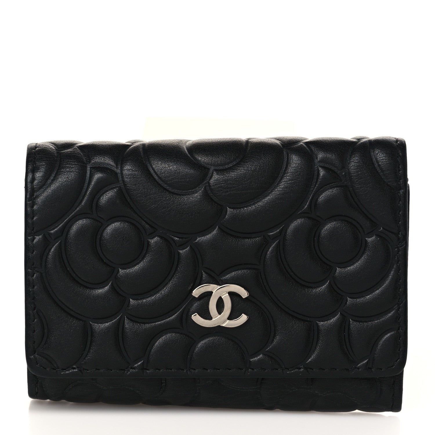 Chanel Lambskin Camellia Embossed 4 Key Holder Black 1 of 7