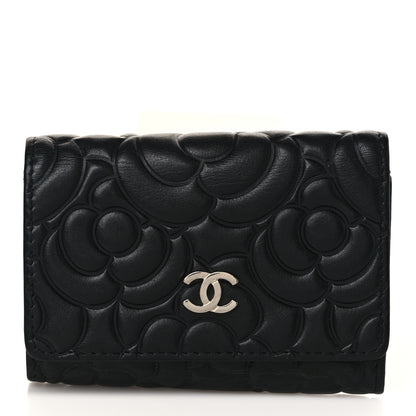 Chanel Lambskin Camellia Embossed 4 Key Holder Black 1 of 7