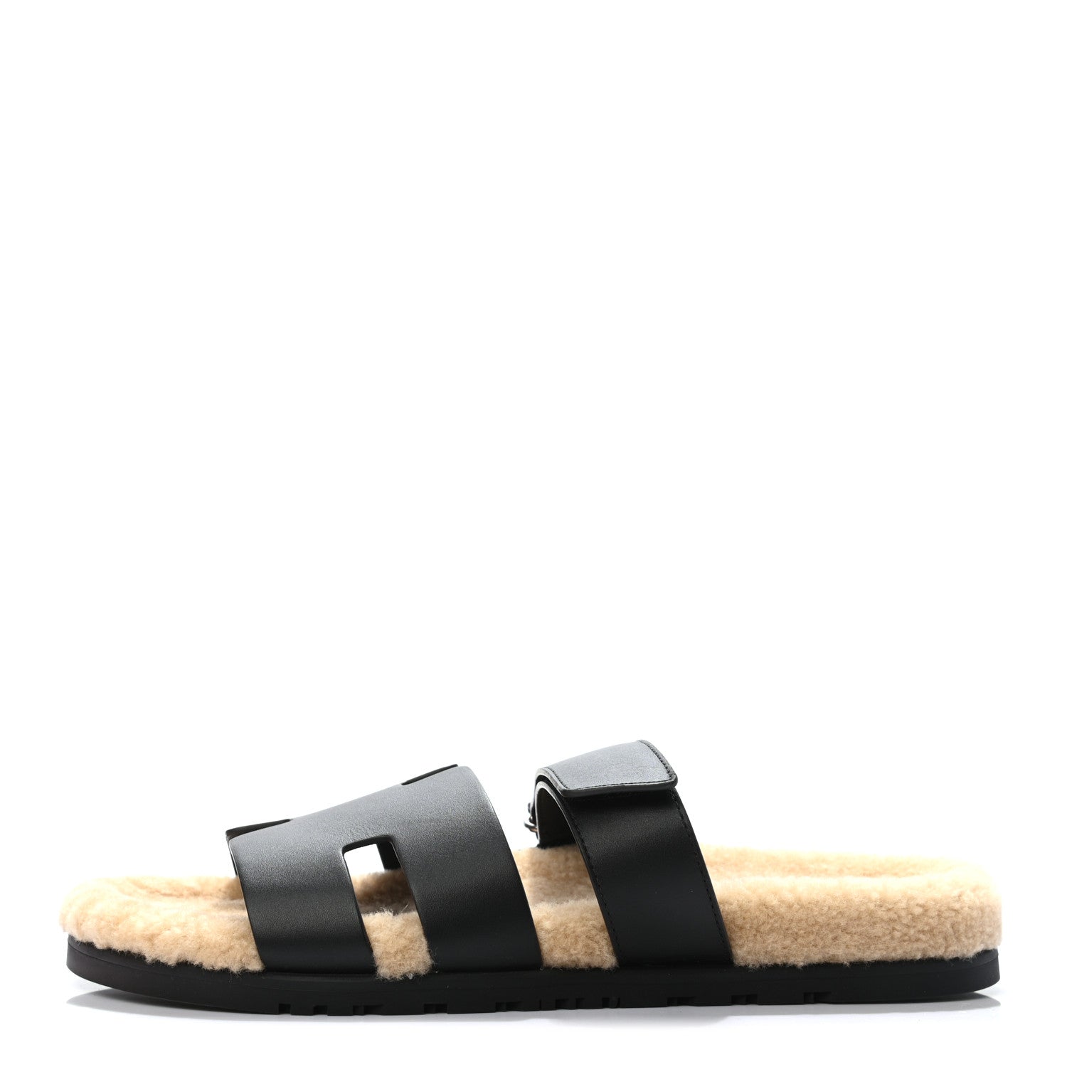 Hermes Calfskin Woolskin Mens Chypre Sandals 43 Black Ecru 1 of 7