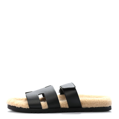 Hermes Calfskin Woolskin Mens Chypre Sandals 43 Black Ecru 1 of 7
