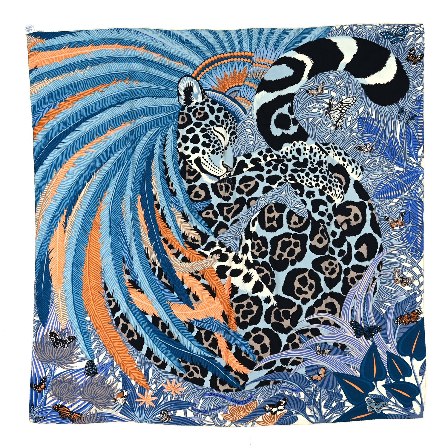 Hermes Cashmere Silk Jaguar Quetzal Shawl 140 Bleu Jean Abricot Gris 1 of 4
