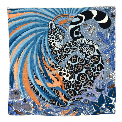 Hermes Cashmere Silk Jaguar Quetzal Shawl 140 Bleu Jean Abricot Gris 1 of 4