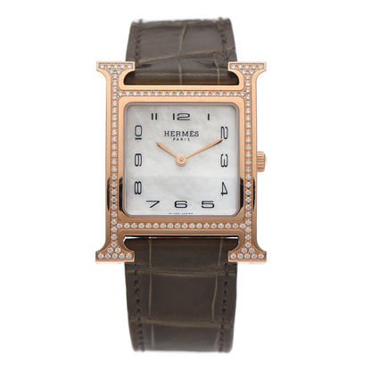 Hermes 18K Rose Gold Alligator Diamond Bezel Mother of Pearl 26mm Heure H Hour Quartz Watch Gris Elephant 1 of 5