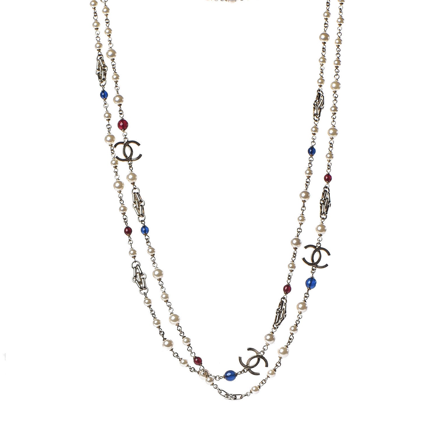 Pearl Bead CC Long Necklace Gold Red Blue