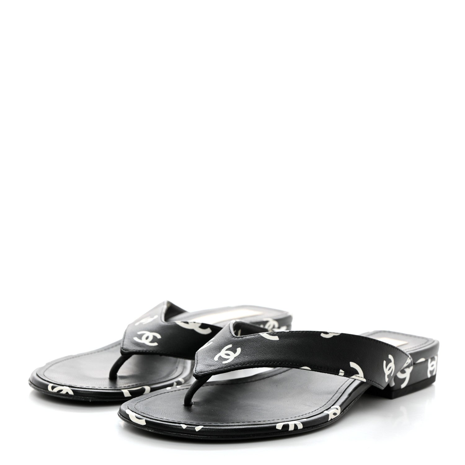 Chanel Printed Lambskin Coco Beach Thong Sandals 37 Black White 3 of 9