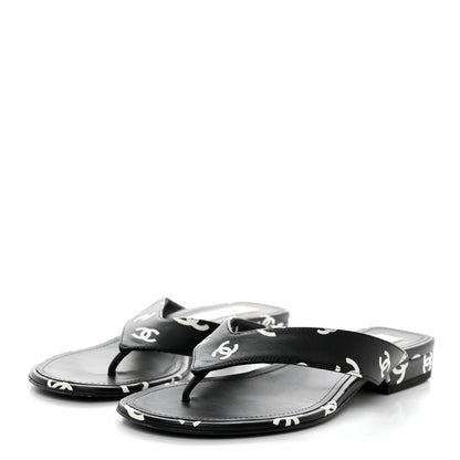 Chanel Printed Lambskin Coco Beach Thong Sandals 37 Black White 3 of 9