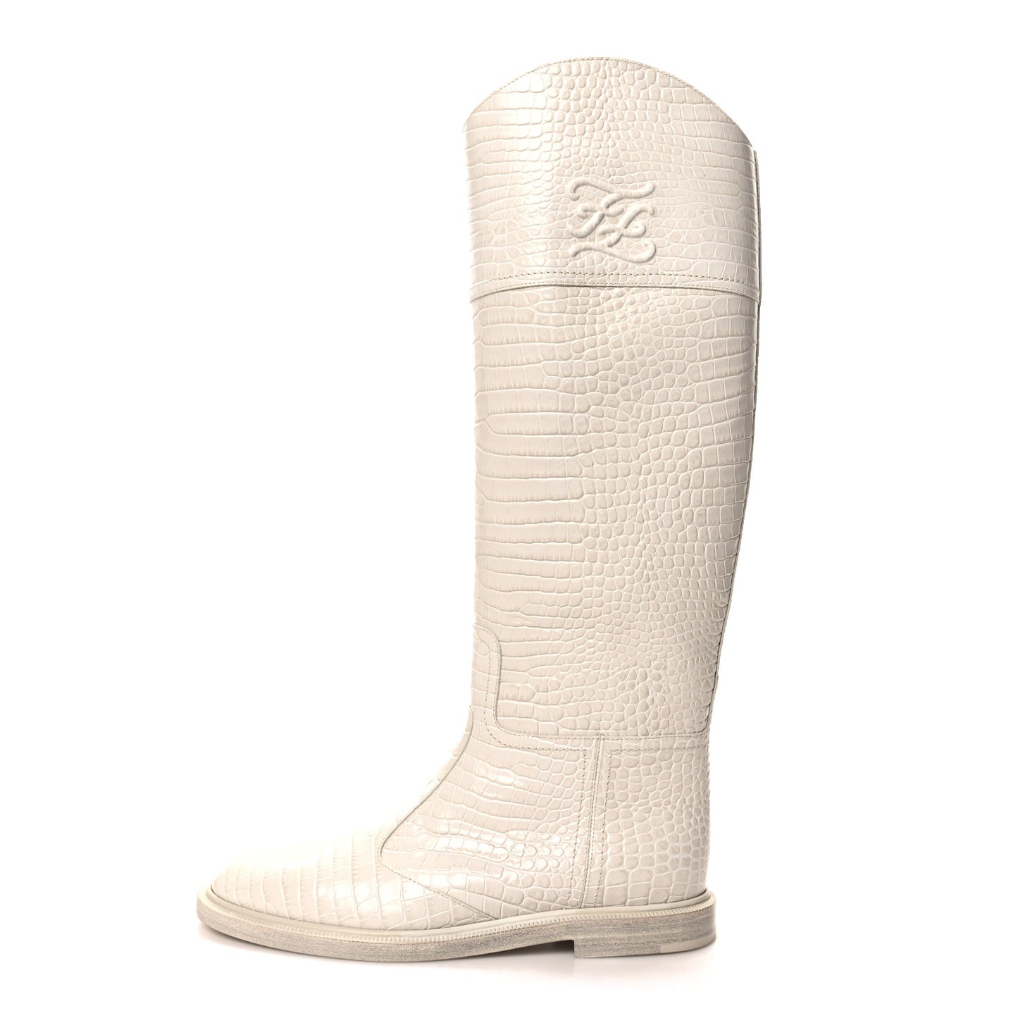 Calfskin Crocodile Embossed Karligraphy Logo Riding Boots 37 White