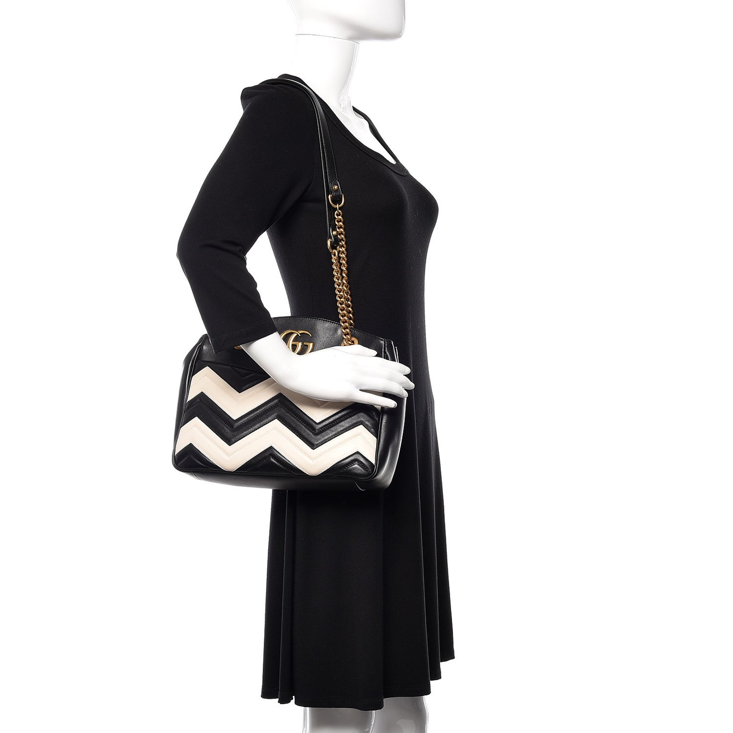Calfskin Matelasse Medium GG Marmont Open Top Shoulder Bag Black White