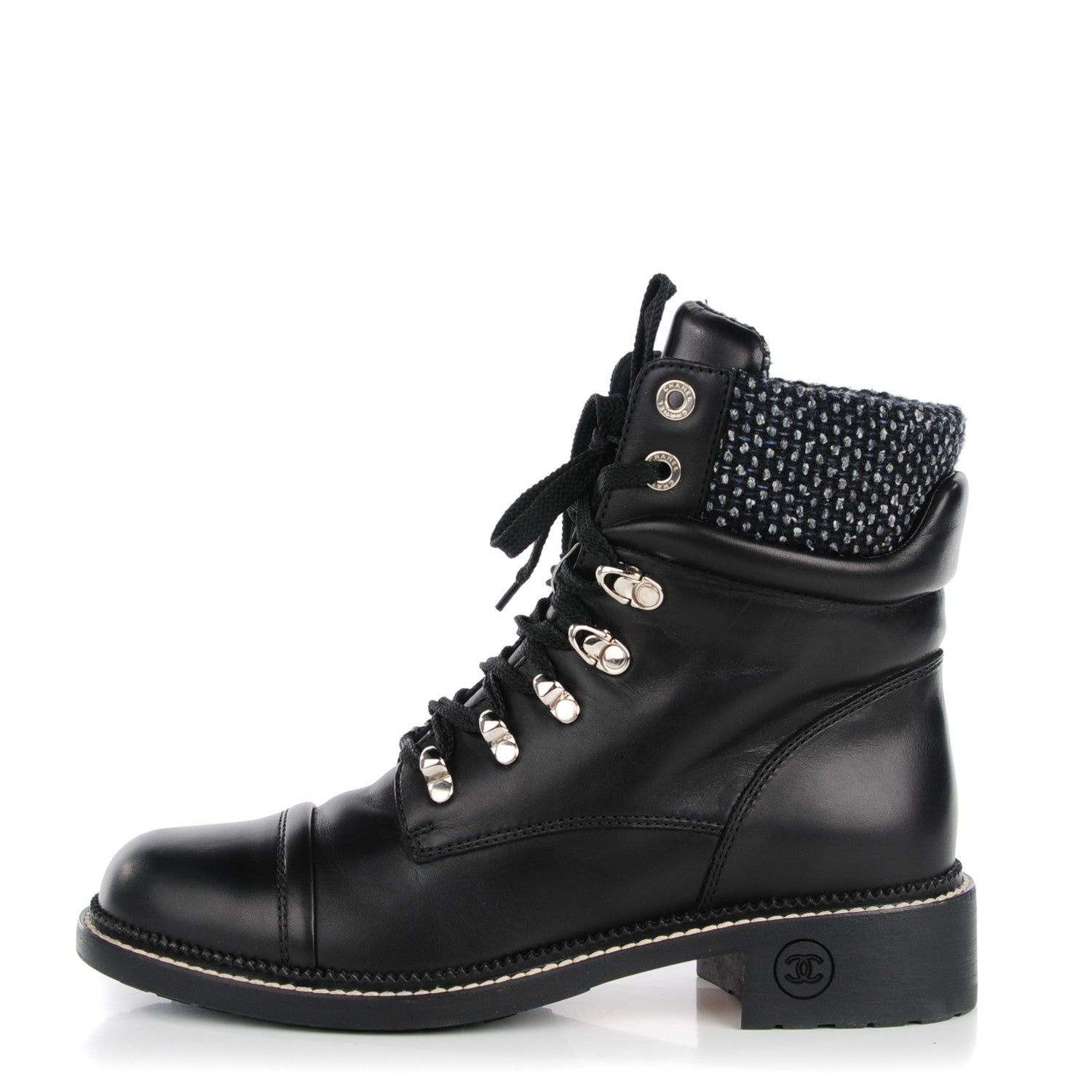 Chanel Calfskin Wool Combat Boots 40 Black 1 of 9