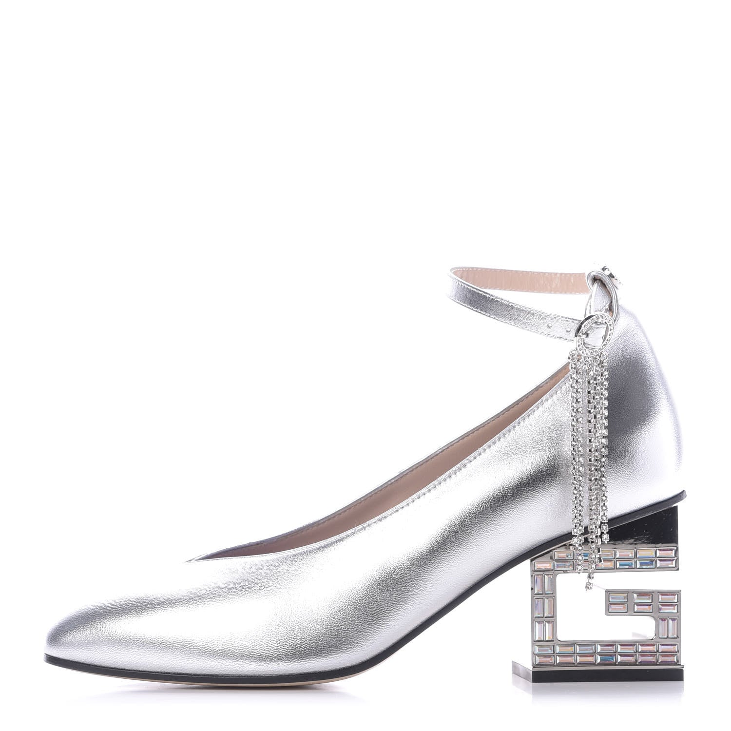 Gucci Metallic Nappa Crystal Square G Mid Heel Pumps 38.5 Silver 1 of 10