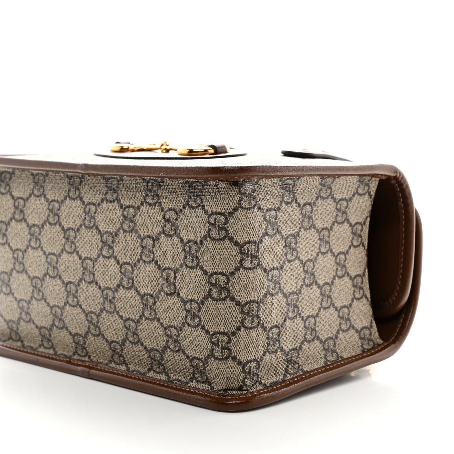 GG Supreme Monogram Azalea Calfskin Mini Horsebit 1955 Foldover Top Handle Bag Beige Ebony Brown Sugar