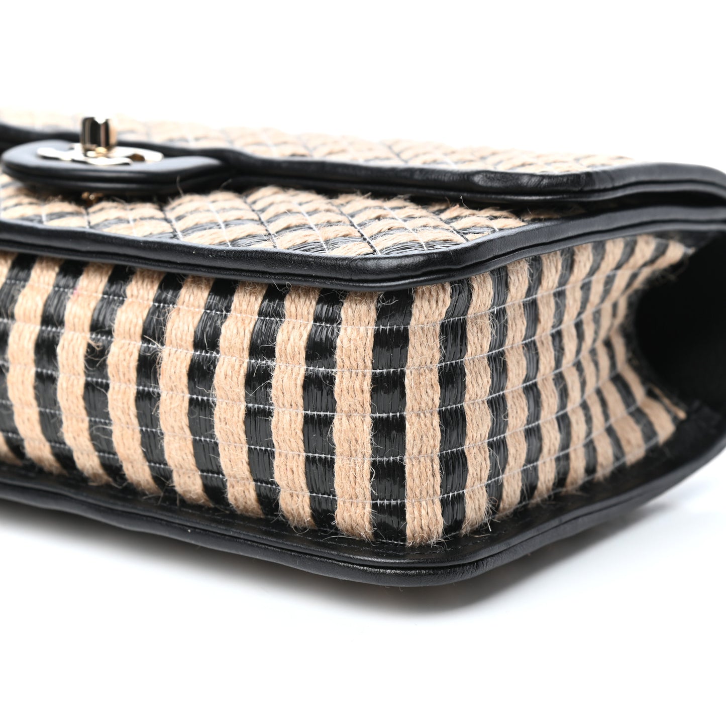 Raffia Jute Striped Medium Single Flap Black Beige