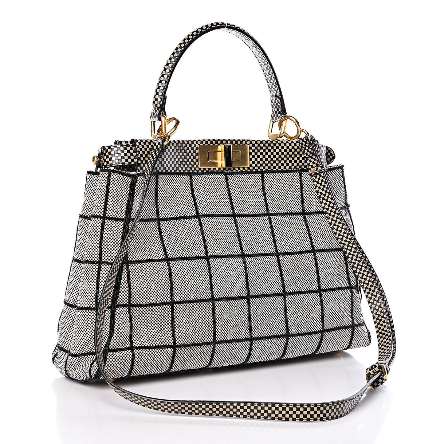 Canvas Calfskin Embroidered Medium Peekaboo Iconic Satchel Black Beige Multicolor