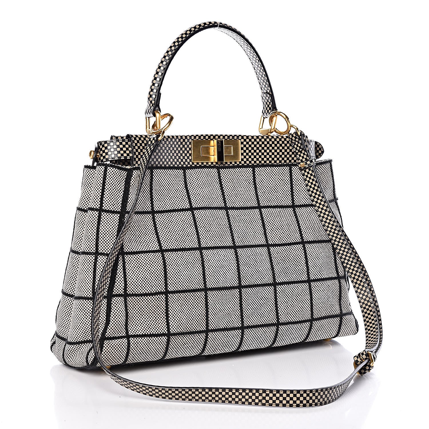 Fendi Canvas Calfskin Embroidered Medium Peekaboo Iconic Satchel Black Beige Multicolor 3 of 10