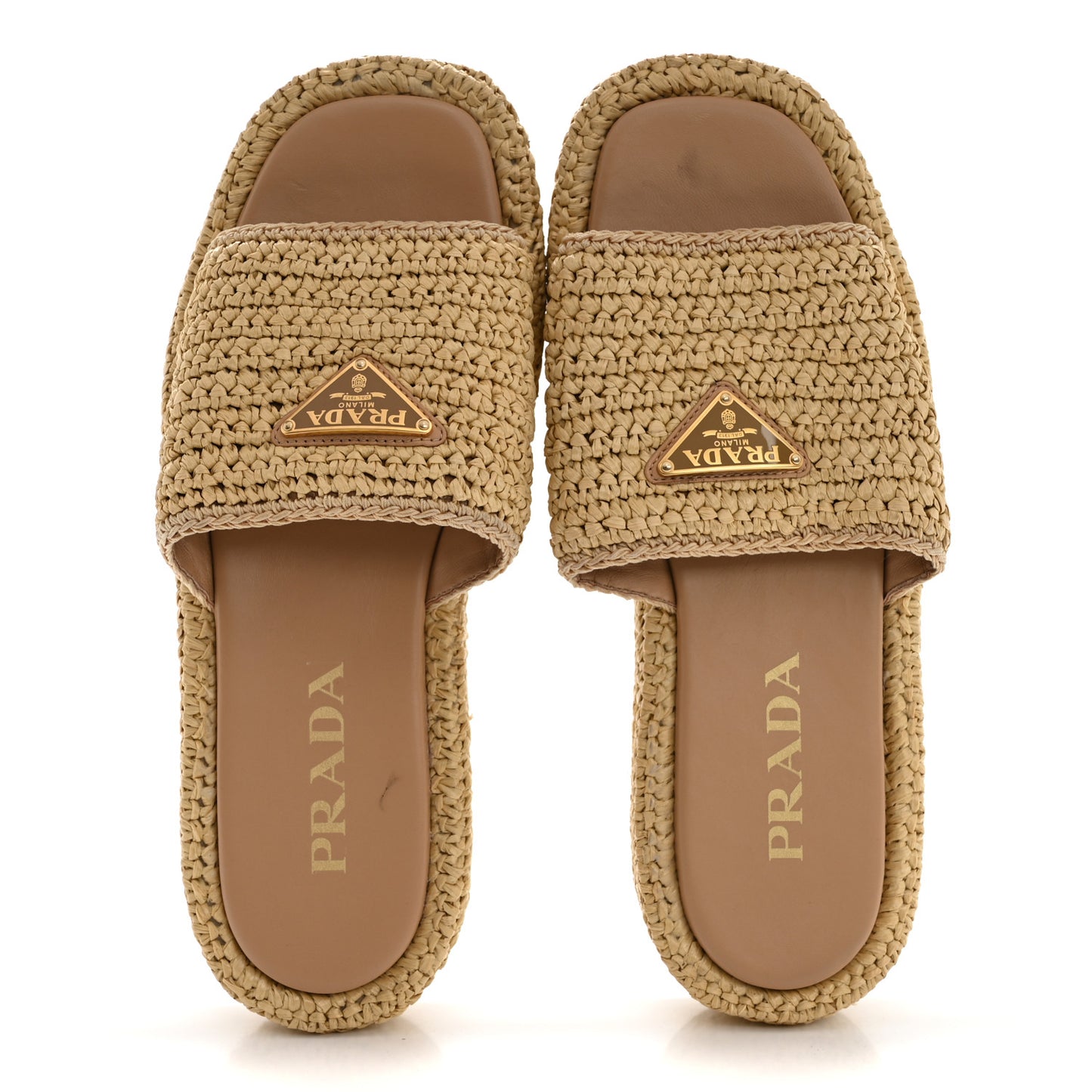 Raffia Metal Triangle Logo Woven Flatform 35mm Slide Sandals 39 Naturale