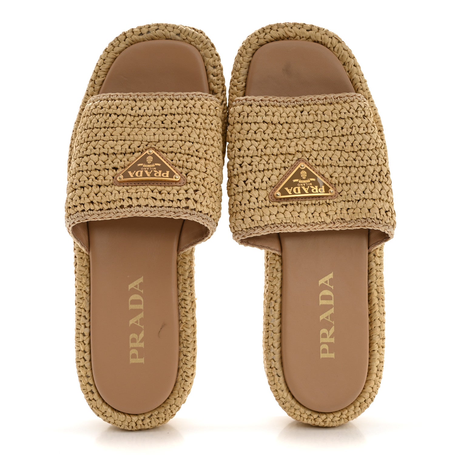 Prada Raffia Metal Triangle Logo Woven Flatform 35mm Slide Sandals 39 Naturale 3 of 17