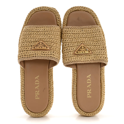 Prada Raffia Metal Triangle Logo Woven Flatform 35mm Slide Sandals 39 Naturale 3 of 17